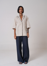 A Model Wearing Beige Linen Linen Striped Shirt | Beige, curated by Only Ethikal